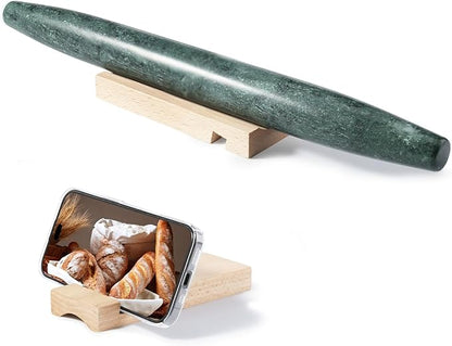 French Marble French Rolling Pin with Wooden Resting Base, 15 inch Kitchen Baking Tool for Baking with Non-Stick Surface, Ideal as a Dough Roller for Pie Crust, Cookie, Pasta
