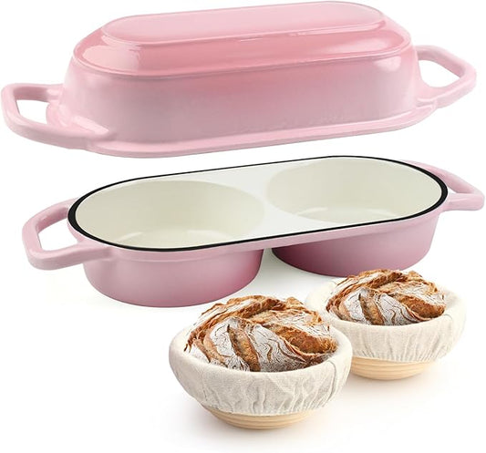 YONILL Mini Double Dutch Oven for Sourdough Bread Baking - Enameled Cast Iron Dutch Oven Pot with Lid and 5" Banneton Bread Proofing Basket Kit, Dual Round Bread Loaf Pan for Homemade Baking (Pink)