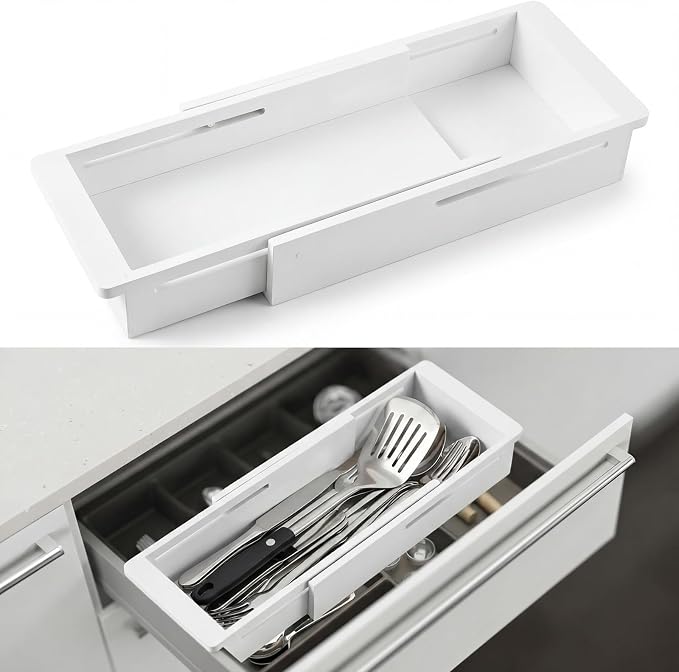 LemonRoad 1 Pcs Sliding Drawer Organizer 12.4-17.7 Inch Bin Bamboo Drawer Expandable Bins Utensil Organizer for Kitchen Spoons Forks Knives (White)