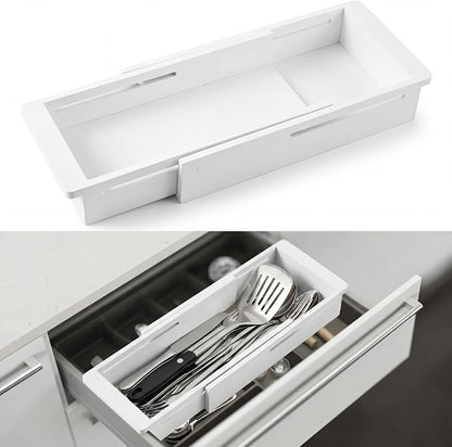 LemonRoad 1 Pcs Sliding Drawer Organizer 12.4-17.7 Inch Bin Bamboo Drawer Expandable Bins Utensil Organizer for Kitchen Spoons Forks Knives (White)