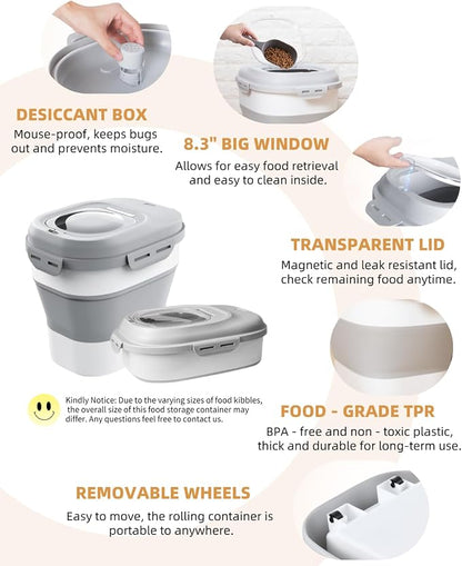 30-35 Lbs Dog Food Storage Container Collapsible Dog Food Container with Airtight Lids, Wheels, Scoop and 2pcs Food Storage Containers, Large Pet food storage for Dog, Cat