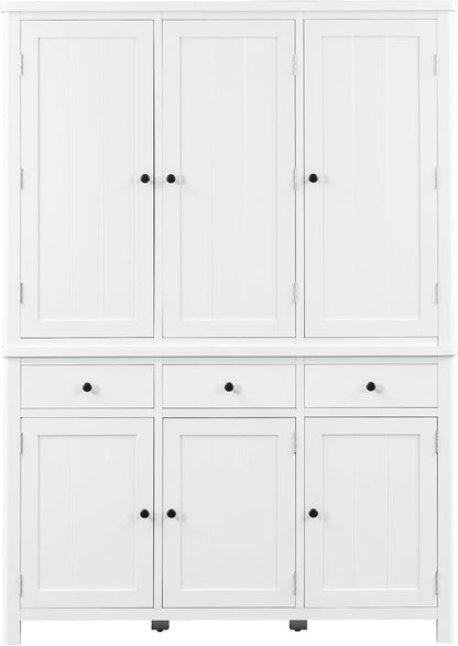 74.8''H High Freestanding Kitchen Pantry, Wooden Kitchen Organizers Cupboard Storage Cabinet with Door Shelves, Adjustable Shelves, Pull-out Trays and Drawers for Dining Room Living Room (White-2.12)