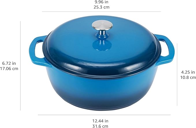 Amazon Basics Enameled Cast Iron Dutch Oven Pot with Lid, Round, Dual Handles, Heavy-Duty, Oven Safe for Stews, Roasting, Baking,4.3-Quart, Blue