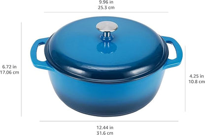 Amazon Basics Enameled Cast Iron Dutch Oven Pot with Lid, Round, Dual Handles, Heavy-Duty, Oven Safe for Stews, Roasting, Baking,4.3-Quart, Blue