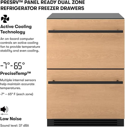 Zephyr 24" Presrv™ Panel Ready Refrigerator Freezer Drawers - Dual Zone Built In Fridge with Modes for Freezer, Fridge and Pantry, LED Lighting, Soft Close (Panels, handles are not included)