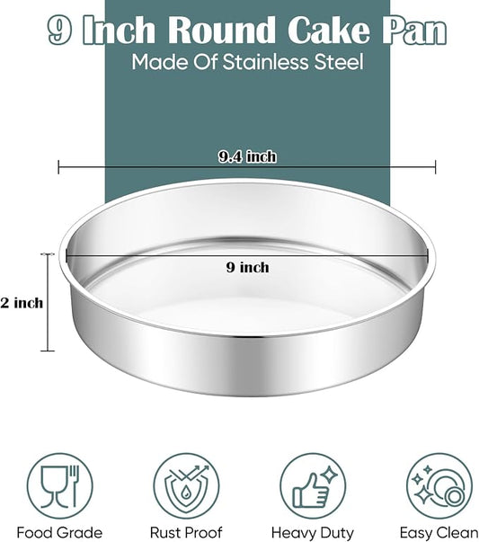 TeamFar 9 Inch Cake Pan, Stainless Steel Round Layer Cake Baking Pan Tin for Birthday Wedding, Non-Toxic & Heavy-Duty, Mirror Finish & Leak Proof, Oven & Dishwasher Safe