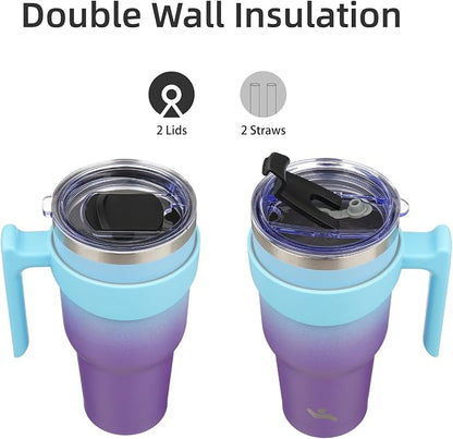 Konokyo 30 oz Tumbler with Handle and 2 Straw 2 Lid, Insulated Water Bottle Stainless Steel Vacuum Cup Reusable Travel Mug,Ocean Dream