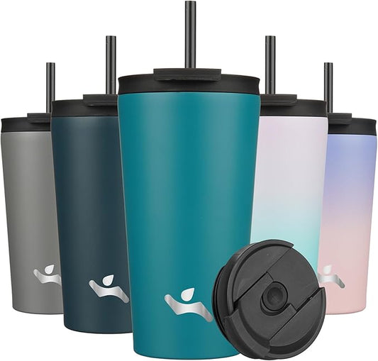 Konokyo 18 OZ Insulated Tumbler with Lid and 2 Straws Stainless Steel Water Bottle Vacuum Travel Mug Coffee Cup,Blue