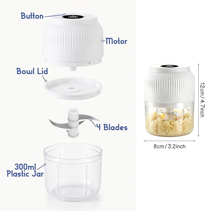 Electric Garlic Chopper, 2026 New Mini Food Processor & Food Chopper for Kitchen, Portable Cordless Garlic Mincer with 4 Stainless Steel Blades, Small Vegetable Chopper for Onion Salad (300ML White)