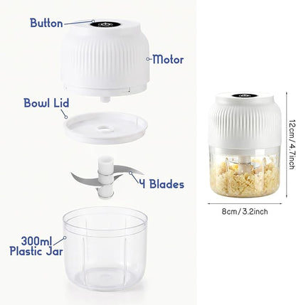 Electric Garlic Chopper, 2026 New Mini Food Processor & Food Chopper for Kitchen, Portable Cordless Garlic Mincer with 4 Stainless Steel Blades, Small Vegetable Chopper for Onion Salad (300ML White)