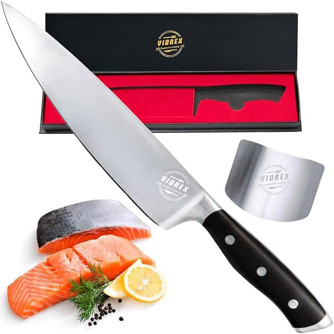 Pro Chef Knife - 8 inch Professional Kitchen Sharp German High Carbon Stainless Steel for Cutting Slicing Chopping - Ergonomic Handle and Gift Hand Guard Finger Protector.