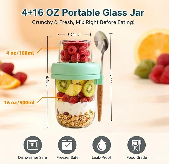 Overnight Oats Containers with Lids and Spoons | 20oz (16+4) 4PCS Dual-Laryer Chia Pudding Jars with Dry and Wet Separation for Snack,Yogurt,Parfait,Salad Dishwasher Safe