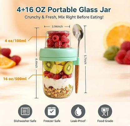 Overnight Oats Containers with Lids and Spoons | 20oz (16+4) 4PCS Dual-Laryer Chia Pudding Jars with Dry and Wet Separation for Snack,Yogurt,Parfait,Salad Dishwasher Safe