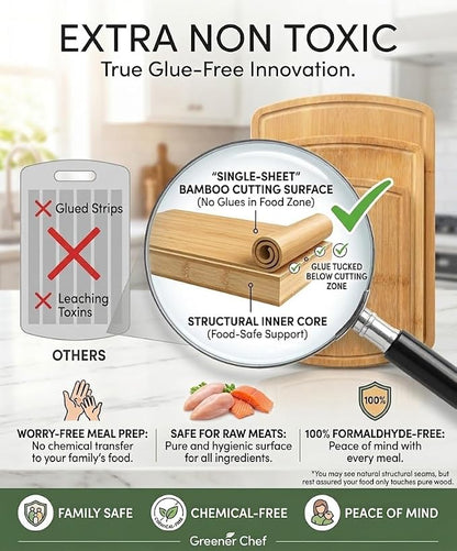 Greener Chef Luxury Bamboo Cutting Board Set of 3 with Glue-Free Surface Technology - Extra Spacious Wood Cutting Boards for Kitchen and XL Chopping Board Set - Replacements for Life