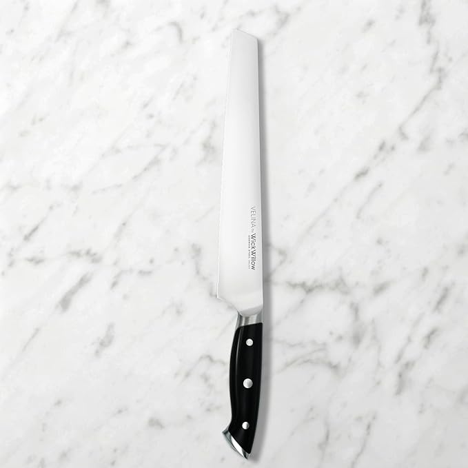 WICKWILLOW 10-Inch Serrated Bread Knife - German X50CrMoV15 Steel, Full Tang, Razor-Sharp Wavy Edge for Sourdough, Artisan Bread, Bagels, Cakes & Sandwich Loaves - Gift Boxed for Home Bakers