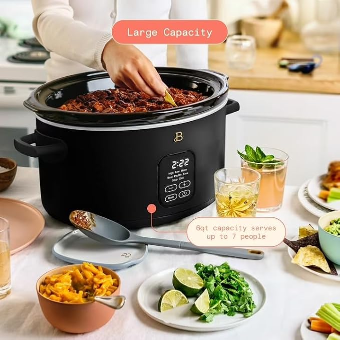 B 6 Qt Programmable Slow Cooker with Digital Timer, 5 Cooking Functions, Removable Ceramic Pot, Tempered Glass Lid, Dishwasher Safe (Black Sesame)