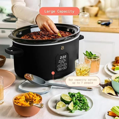 B 6 Qt Programmable Slow Cooker with Digital Timer, 5 Cooking Functions, Removable Ceramic Pot, Tempered Glass Lid, Dishwasher Safe (Black Sesame)