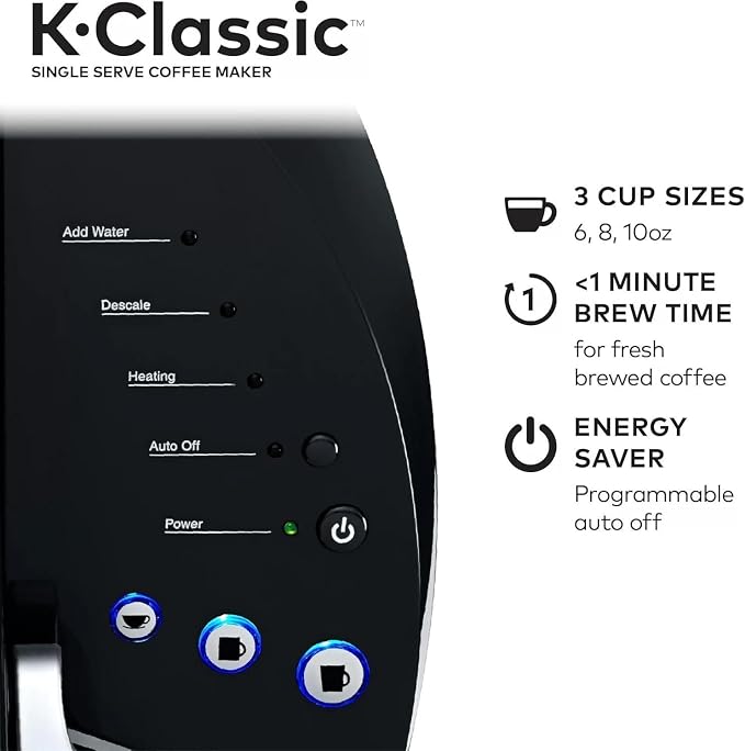Keurig K-Classic Single Serve K-Cup Pod Coffee Maker, with 3 Brew Sizes, 48oz Removable Reservoir, Black (Renewed)