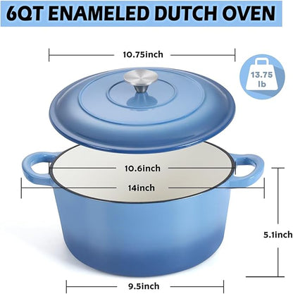 TeamFar 6QT Dutch Oven with Lid, Enameled Nonstick Cast Iron Dutch Oven Cooking Pot for Stewing Baking Braising, Various Stoves & Oven Safe, Toxic Free & Solid, Dual Handles & Easy Cleanup - Blue
