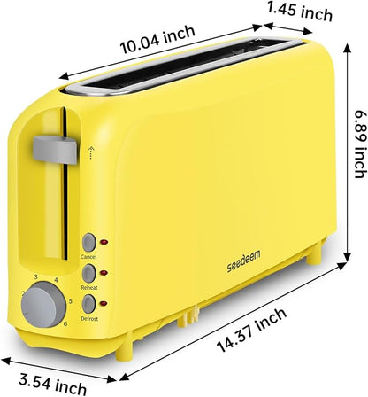 SEEDEEM 2 Slice Slim Toaster, Single 10" Long Slot Toaster Fits Bagels & Artisan Bread, 6 Shade Settings, Cancel/Reheat/Defrost, Removable Crumb Tray, Auto Shut-Off, Yellow
