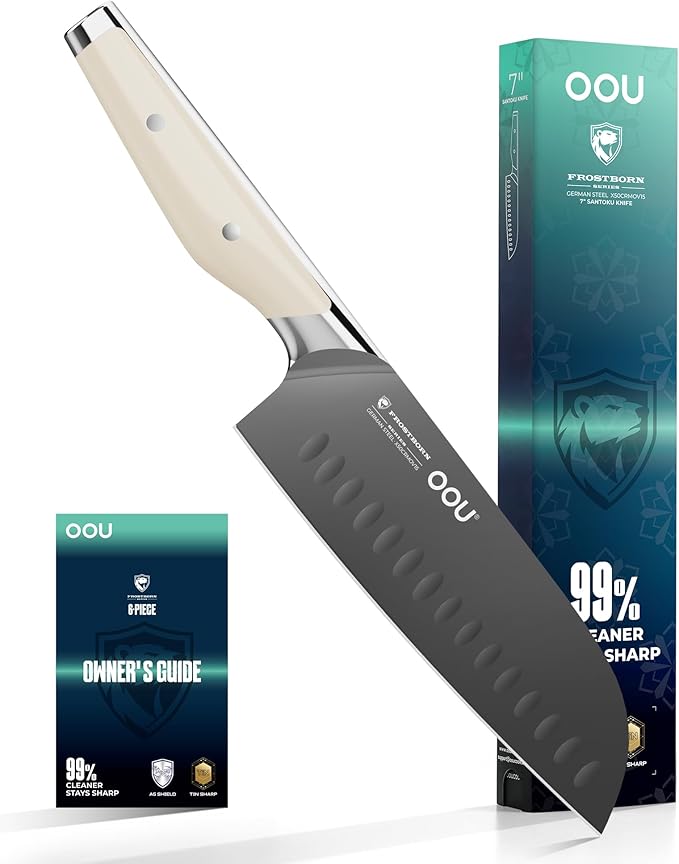 OOU 7 Inch Santoku Knife, German 1.4116 Stainless Steel Kitchen Knife, Gunmetal Blade with AgShield & TinSharp Finish, Balanced ABS Handle, Sharp Cooking Knife for Meat, Vegetables and Daily Prep
