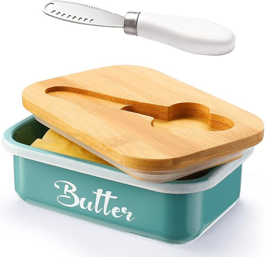 Butter Dish with Lid for Countertop, AISBUGUR Metal Butter Keeper with Stainless Steel Multipurpose Butter Knife, Large Butter Container with Double High-quality Silicone Good Kitchen Gift Green