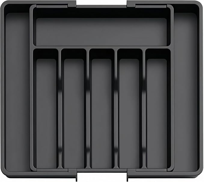 Expandable Large Silverware Tray For Drawer Organizer, Kitchen Cooking Utensil Drawer Organizer For Spoons Forks Knives, Adjustable Cutlery Flatware Holder 13"-22.4" X 14.7" X 2" (Black)