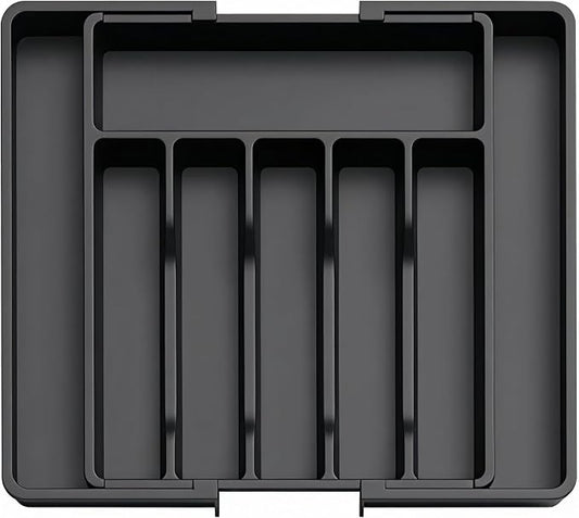 Expandable Large Silverware Tray For Drawer Organizer, Kitchen Cooking Utensil Drawer Organizer For Spoons Forks Knives, Adjustable Cutlery Flatware Holder 13"-22.4" X 14.7" X 2" (Black)
