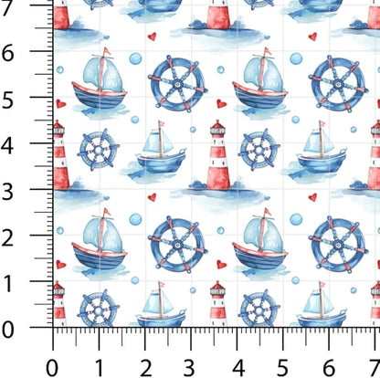 Nautical Patchwork Fabric Panel 100x155 cm – 100% Cotton Satin, 6 Coordinated Marine Prints on One Continuous Sheet for Quilting, Sewing & DIY Crafts (Maritime Style, 6pcs 50x50cm)