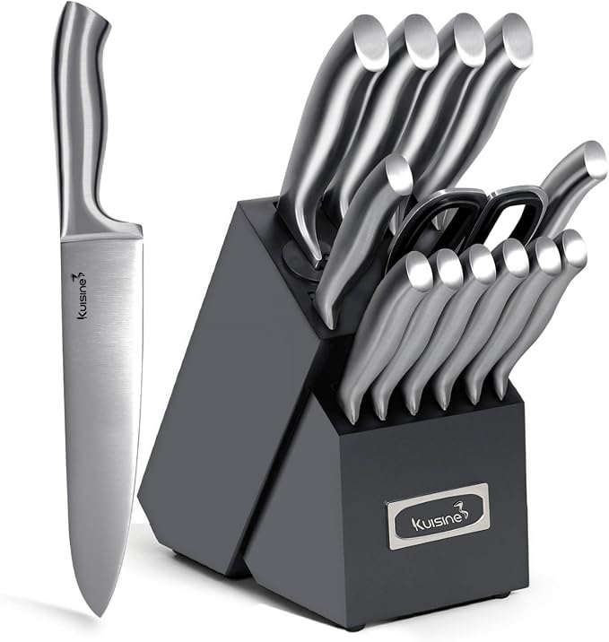 KUISINE Upgraded Premium Chef Knife Set,High Carbon Stainless Steel Razor-sharp Blade Ergonomic Non-slip Steel Handle,Block Knife Set with Built-in Sharpener(Black Silver,15PCS)