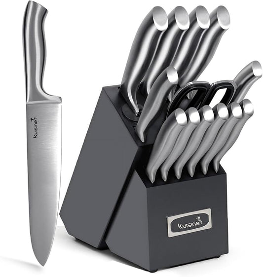 KUISINE Upgraded Premium Chef Knife Set,High Carbon Stainless Steel Razor-sharp Blade Ergonomic Non-slip Steel Handle,Block Knife Set with Built-in Sharpener(Black Silver,15PCS)