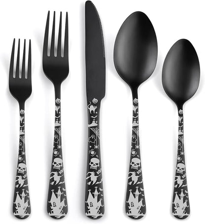 Skull Silverware Set SANLUNS 40 Piece Matte Black Unique Flatware Set for 8,Stainless Steel Fine Dining Utensils Spoons,Forks,Knife Pattern Tableware Durable Cutlery Halloween Home Kitchen,Dishwasher