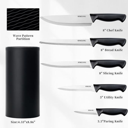 Knife Set, 6-Piece Kitchen Knife Set, German High Carbon Stainless Steel, Durable & Easy Clean Knife Block, Black