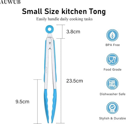 Silicone Salad Tongs, 9 Inch, Blue | 304 Stainless Steel Core, Non-Slip Grip, For Grilling Salad