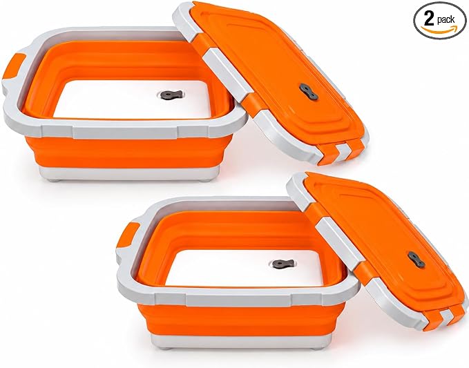 Pamper Paws 2-pack XL Collapsible BBQ Prep Tub with Cutting Board – Foldable Food Prep Container for Outdoor Cooking & Kitchen Use – Space Saving Collapsible Wash Tub, Portable BBQ Prep Tub (Orange)