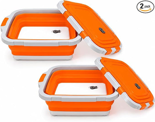 Pamper Paws 2-pack XL Collapsible BBQ Prep Tub with Cutting Board – Foldable Food Prep Container for Outdoor Cooking & Kitchen Use – Space Saving Collapsible Wash Tub, Portable BBQ Prep Tub (Orange)