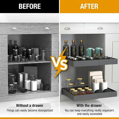 Expandable Pull Out Drawers for Cabinets(Gray) : Kitchen and Pantry Organizer, Sliding Cabinet Organizer with Adhesive, Under Sink and Pots Storage, Depth 16.5". expandable pull out cabinet organizer