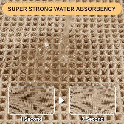 Upgrade Waffle Bath Mat, Boho Bathroom Rugs Absorbent Non Slip, Ultra Soft Bathroom Mat, Machine Washable Knit Bath Rugs with Border for Bathroom, Bedroom, Kitchen, Shower, Tub, 32"x20", Beige