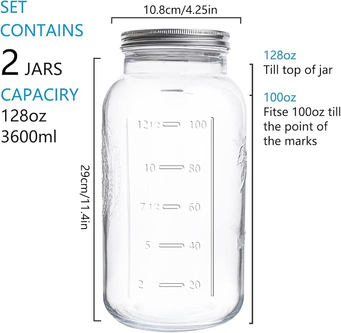 eleganttime 128 oz Mason Jars Extra Wide Mouth 2 Pack, 1 Gallon Glass Large Jars with Airtight Lid, Safe for Food Storage,Curing, Fermentation and Preservation(Not standard wide mouth)