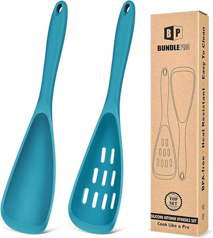 Pack of 2 Cooking Spoons for Non Stick Cookware, Multifunction Spatula Spoon BPA-Free, One-Piece Design, Suitable for Scooping, Scraping, Serving and Mixing(BLUE)