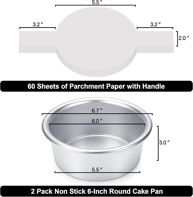6 Inch Cake Pans Set of 2, Small Cake Pans With 60PCS Parchment Paper for Birthday Smash Layer Cakes, No-Stick Round Cake Pans for Home Kitchen, Aluminum Pans & 6 X 3 Inch, Heavy Duty & Oven Safe