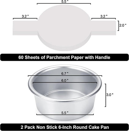 6 Inch Cake Pans Set of 2, Small Cake Pans With 60PCS Parchment Paper for Birthday Smash Layer Cakes, No-Stick Round Cake Pans for Home Kitchen, Aluminum Pans & 6 X 3 Inch, Heavy Duty & Oven Safe