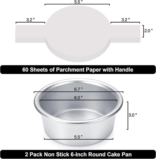 6 Inch Cake Pans Set of 2, Small Cake Pans With 60PCS Parchment Paper for Birthday Smash Layer Cakes, No-Stick Round Cake Pans for Home Kitchen, Aluminum Pans & 6 X 3 Inch, Heavy Duty & Oven Safe
