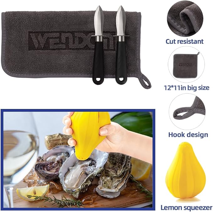 Oyster Knife Shucker Set Oyster Shucking Knife and Gloves Cut Resistant Level 5 Protection Seafood Opener Kit Tools Gift(2knifes+2Glove+1Cloth)