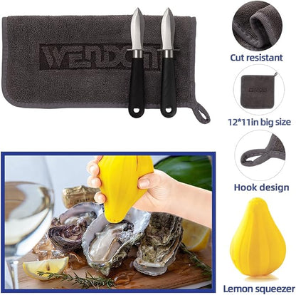 Oyster Knife Shucker Set Oyster Shucking Knife and Gloves Cut Resistant Level 5 Protection Seafood Opener Kit Tools Gift(2knifes+2Glove+1Cloth)