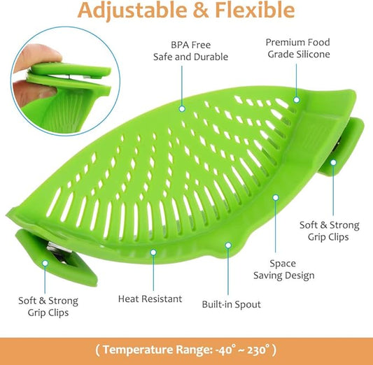 YEVIOR Clip on Strainer for Pots Pan Pasta, Silicone Food Strainer Hands-Free Pan Strainer, Clip-on Kitchen Food Strainer for Spaghetti, Pasta, Ground Beef Fits All Bowls and Pots (Green)
