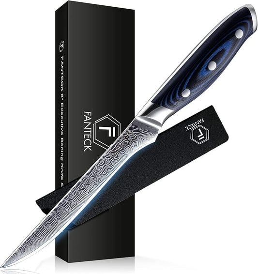 FANTECK 6 Inch Boning Fillet Knife,Damascus Japanese 67 Layer Professional Sharp Curved Flexible Blade Kitchen Chef Knives with Sheath for Fish Poultry Chicken Meat Cutting,G10 Handle
