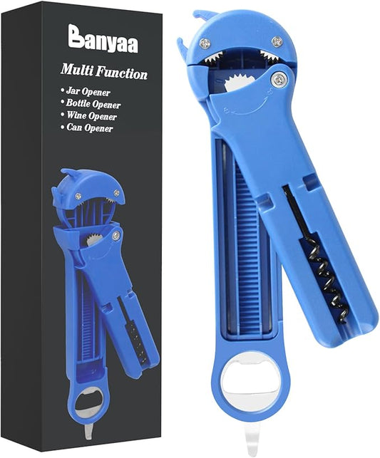 Jar Opener for Seniors with Arthritis, 7 in 1 Bottle Opener and Wine Corkscrew, Easy Grip Kitchen Gadget for Weak Hands Elderly, Retractable Jaw Lid Opener with Magnetic Storage (Blue)