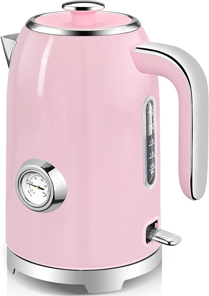 SUSTEAS Electric Kettle - 57oz Hot Tea Water Boiler with Thermometer, 1500W Fast Heating Stainless Steel Pot, Cordless LED Indicator, Auto Shut-Off & Boil Dry Protection, Pink