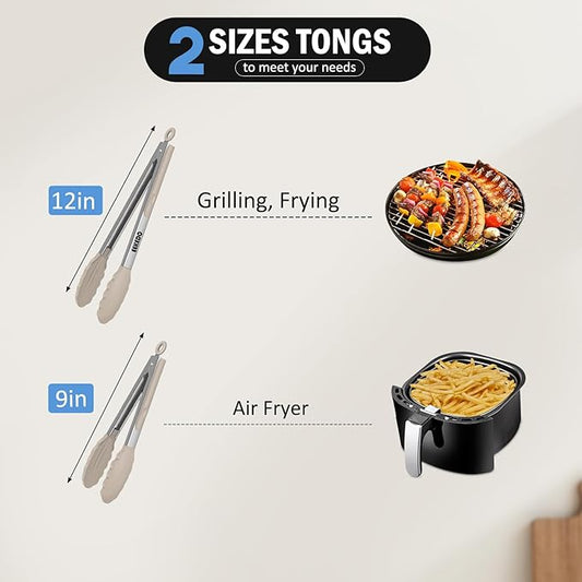 Tongs for Cooking, 600ºF High Heat-Resistant Stainless Steel Kitchen Tongs with Silicone Tips, Non Scratch, Locking Tong for BBQ Grilling Air Fryer Food Salads, Set of 2 (9" and 12") Beige